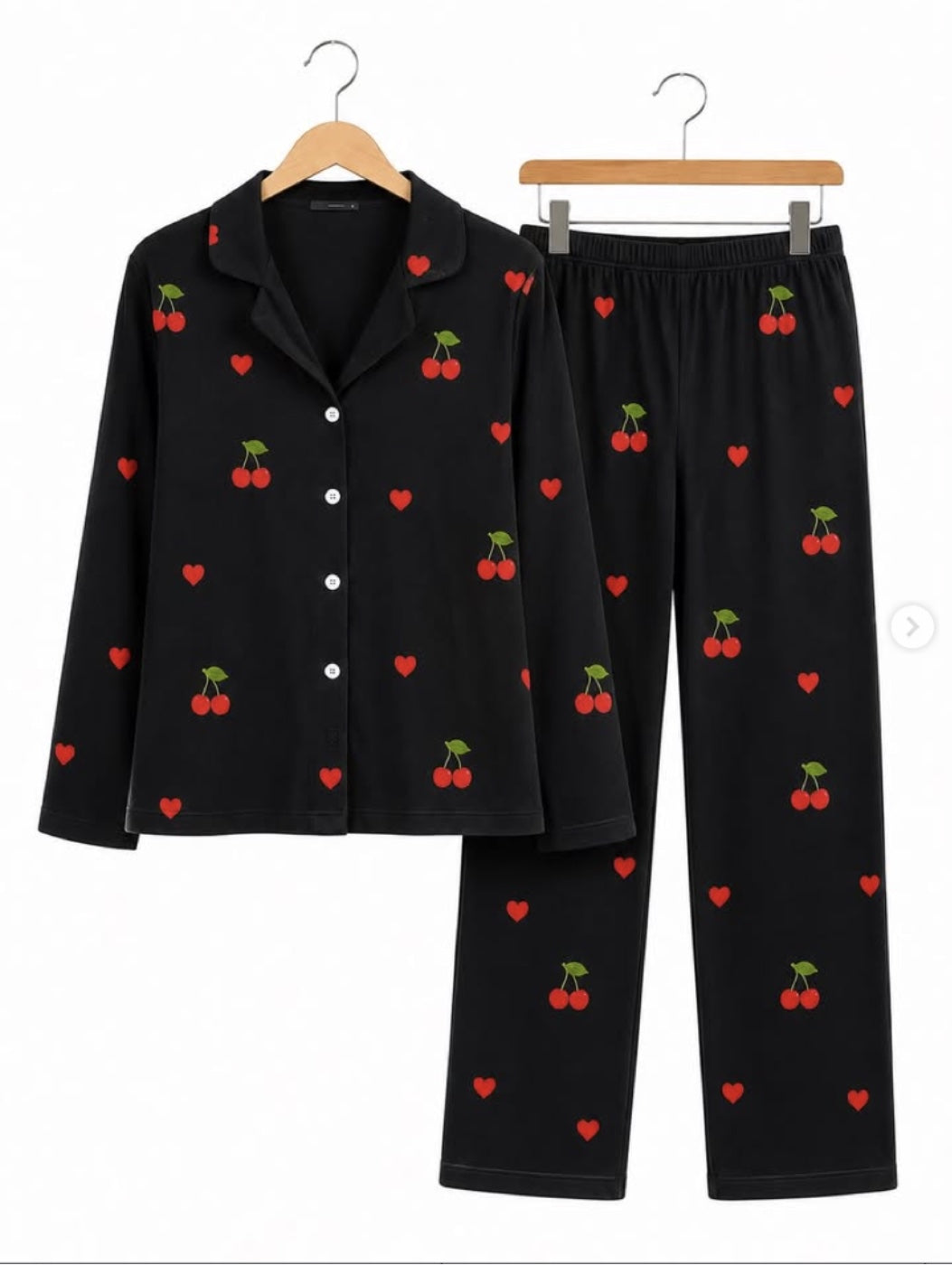 Kiraz & Kalp Desenli Siyah Sıfır Yaka Pijama Takımı