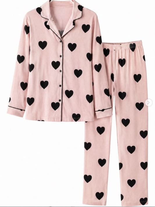Kalp Desenli Pudra Düğmeli Pijama Takımı