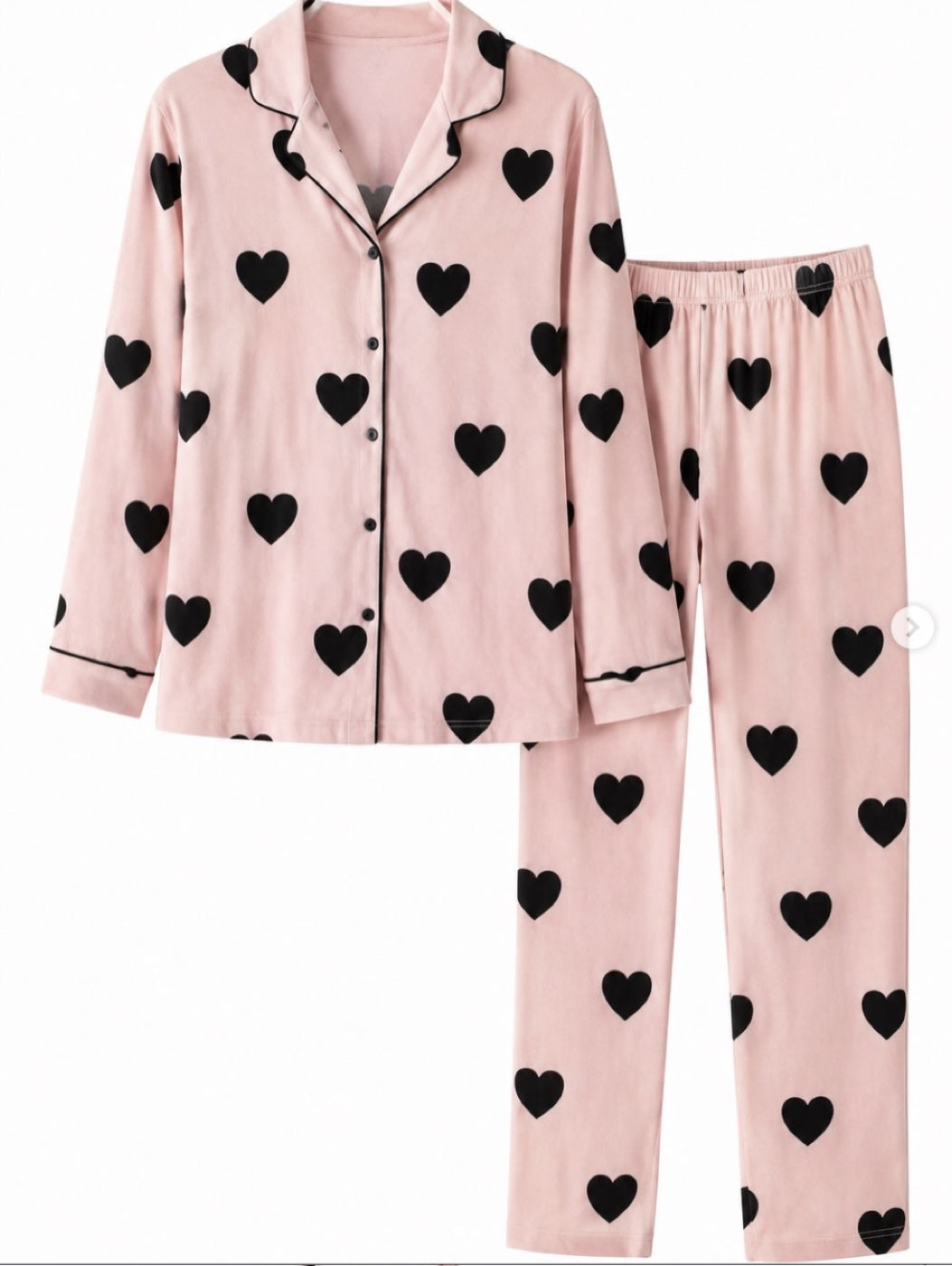 Kalp Desenli Pudra Sıfır Yaka Pijama Takımı