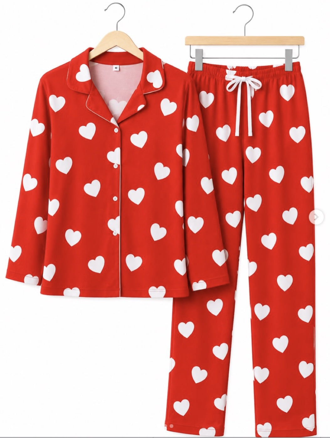 Kalp Desenli Kırmızı Sıfır Yaka Pijama Takımı